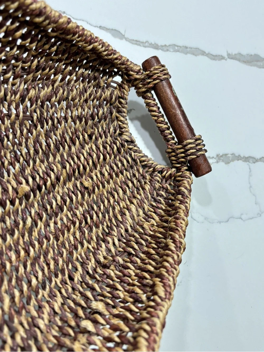 Handwoven Brown Seagrass Tray Basket Wooden Handles Home Decor Braided Wicker